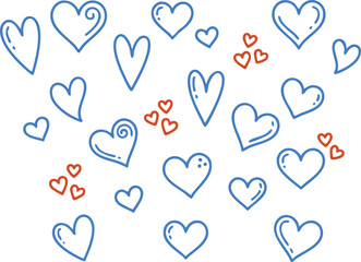 Heart Background Pattern with Blue and Red Hand Drawn Hearts on White