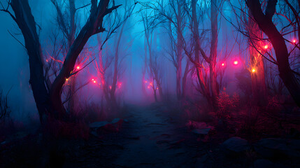 Eerie twilight forest path illuminated by mysterious hanging glowing orbs casting deep magenta and neon blue atmospheric shadows on bare trees