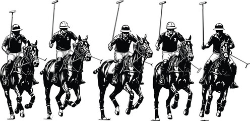 Polo sport illustration set featuring horseback riders playing polo with mallets, showcasing equestrian competition and athletic action