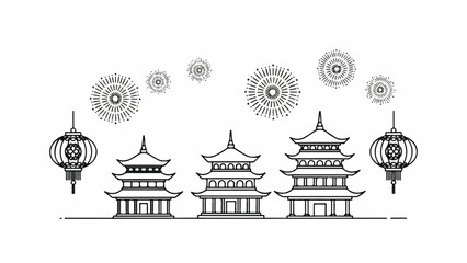 Fototapeta premium Illustration of a Traditional Asian Pagoda Scene with Lanterns and Ornate Patterns