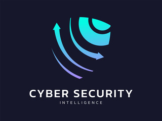 Cyber security intelligence data protection with convert arrows overlapping in shield shapes technology vector logo design concept. Abstract shield security icon logotype for ID ui, automation, robot.