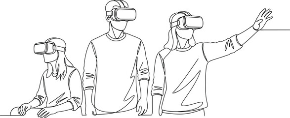 People wearing virtual reality headsets outline illustration set showing immersive technology, gaming, simulation, and digital experience concepts