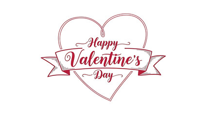 A vintage-inspired red outline design showcases "Happy Valentine's Day" written on a decorative banner nested within a large outline heart shape.