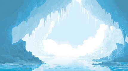 Pixel Art Ice Cave With Icicles Reflecting In Water And Bright Light Entrance