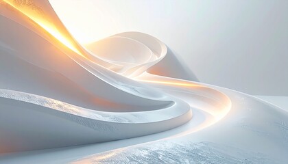 Dynamic abstract landscape with flowing white curves and radiant golden light, evoking a sense of modern purity, smooth elegance, and futuristic design principles