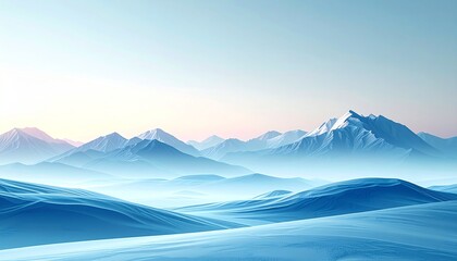 Majestic snow-capped mountains rise above a peaceful, frosty landscape at dawn, bathed in tranquil blue and white hues, evoking a serene and vast wilderness scene