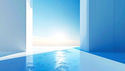 Serene architectural pathway opening to a bright horizon with reflecting pool and clear blue sky