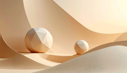 Minimalist geometric spheres rest upon flowing, organic curves in a serene beige and cream landscape, creating a calm and sophisticated abstract design