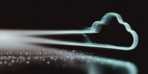 A futuristic cloud computing concept with ethereal light beams, illuminating the path of digital data transfer against a dark background.