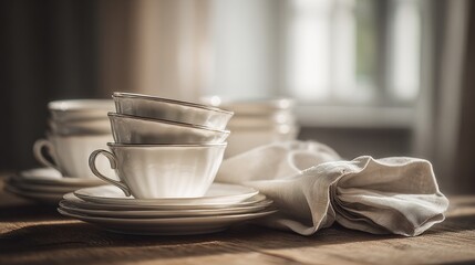 teacups. Elegantly arranged fine bone china teacups on a wooden table with a linen napkin. bar promotions, beverage menus, designed for food & beverage menus and cafe branding, used by architects.
