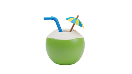 3D Green coconut drink with straw and umbrella on transparent background