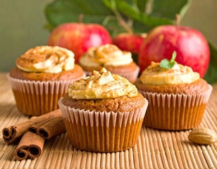 Sweet muffins with cream topping and cinnamon sticks. Red apples sit behind