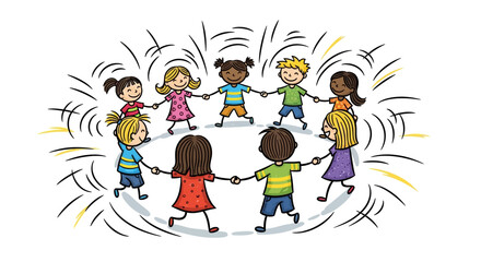 Children Holding Hands in a Circle, Illustration of Unity and Friendship.