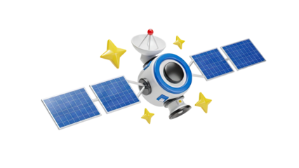 3D Cartoon Satellite with Solar Panels and Stars on transparent background
