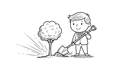 Young boy planting a tree with a shovel, symbolizing growth and environmental care.