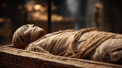 sarcophagus. Ancient Egyptian mummy in stone sarcophagus with linen bandages, museum display. event programs, museum guides, designed for cultural heritage projects and event programs.