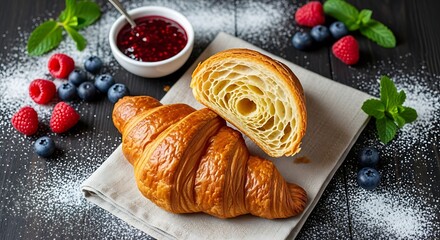 Freshly baked croissant with berry jam