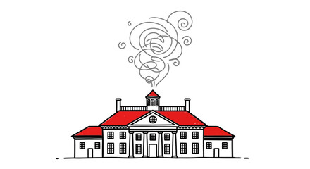 Elegant Colonial Building with Smoke Emanating from Chimney.