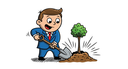 Businessman planting a tree, symbolizing growth and environmental responsibility.