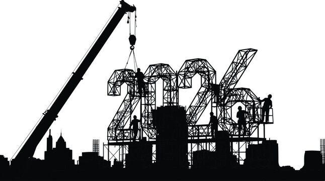 Construction theme 2026 logo silhouette with crane and workers building the new year numbers structure on a city skyline. - Powered by Adobe