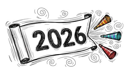 Hand drawn scroll with 2026 and party poppers for New Year celebration.