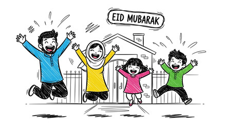 Happy Muslim Family Celebrating Eid Mubarak Together.