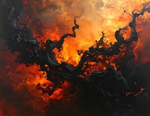 Swirling abstract artwork with fiery reds, oranges, and deep blacks