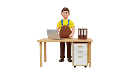 3D Cartoon Man in Overalls at a Desk with Laptop and Binders on transparent background