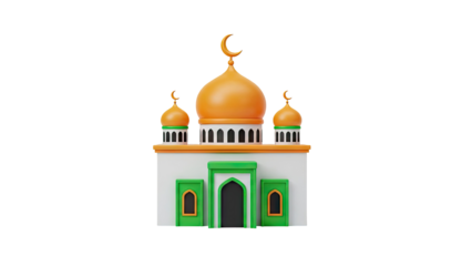 3D Cartoon Mosque with Orange Domes and Crescent Moons on transparent background