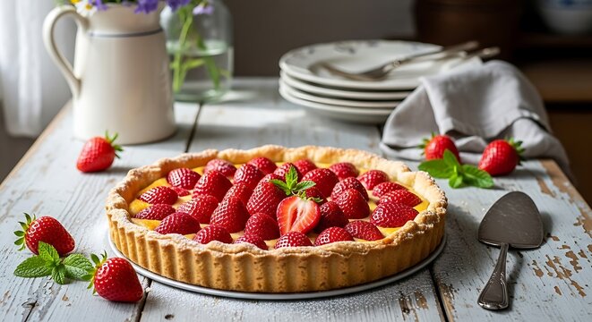 Fresh strawberry tart on rustic table - Powered by Adobe