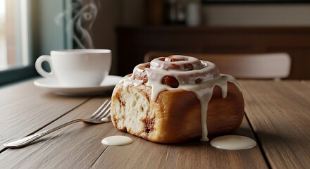 Freshly baked cinnamon roll with coffee