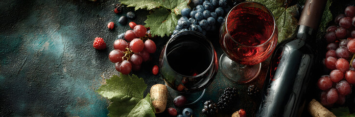 Wine composition on dark rustic background, flat lay