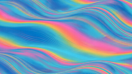 Abstract Rainbow Waves Flowing on Blue Background with Glossy Texture Effect