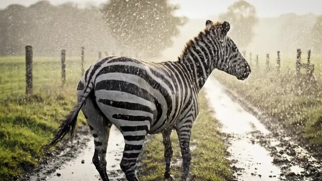 Striking Zebra Portrait Amidst a Refreshing Rain Shower in Serene Countryside Landscape