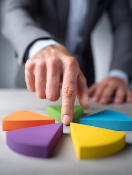 A close-up of hands pointing to different sectors on an investment diversification chart, with a minimalist background providing ample copy space.