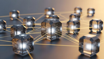 Interconnected glowing cuboid nodes form a dynamic decentralized network structure.