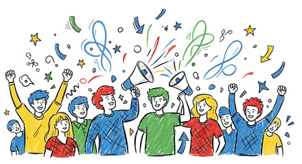 Obraz premium Diverse group of people celebrating with megaphones and confetti.