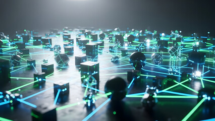 Numerous abstract glowing cubes and geometric shapes connect with vibrant light lines on a dark background.