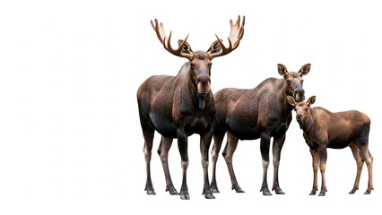 Moose family standing together on white background