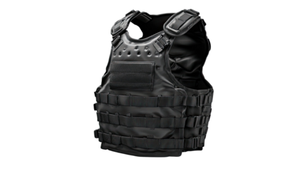 Black tactical body armor vest military protection gear isolated on white background.