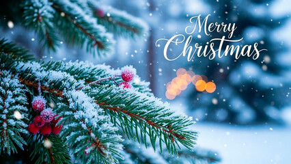 Merry christmas holiday greeting with snowy pine tree branch