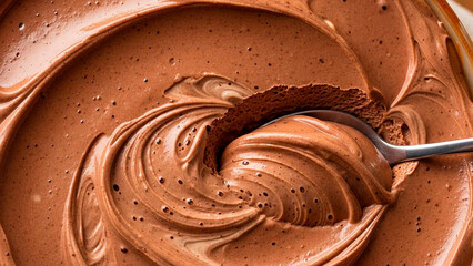 Spoon scooping creamy chocolate mousse dessert texture