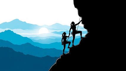 Women climbing mountain together achieving success and teamwork