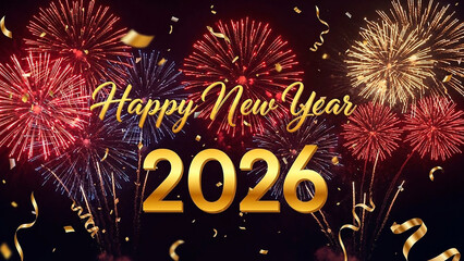 Happy new year 2026 greeting card with fireworks celebration
