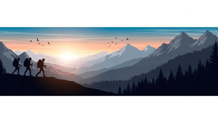 People hiking in mountain landscape during sunset