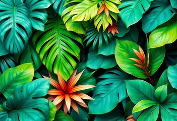 Vibrant green & teal watercolor tropical leaves, lush exotic foliage, lush, bright