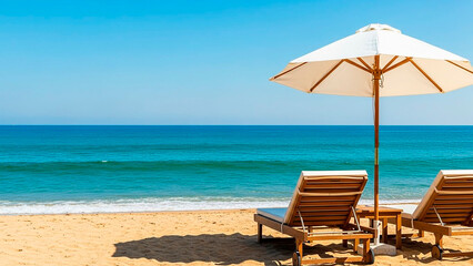 Tranquil beach scene with sand, ocean, and clear blue sky