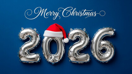 Merry christmas 2026 silver foil balloons and santa hat