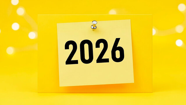 Yellow noteboard displaying year 2026 for future planning