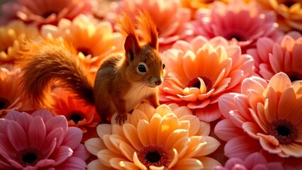 Squirrels inhabit clusters of pink chrysanthemums under the soft light